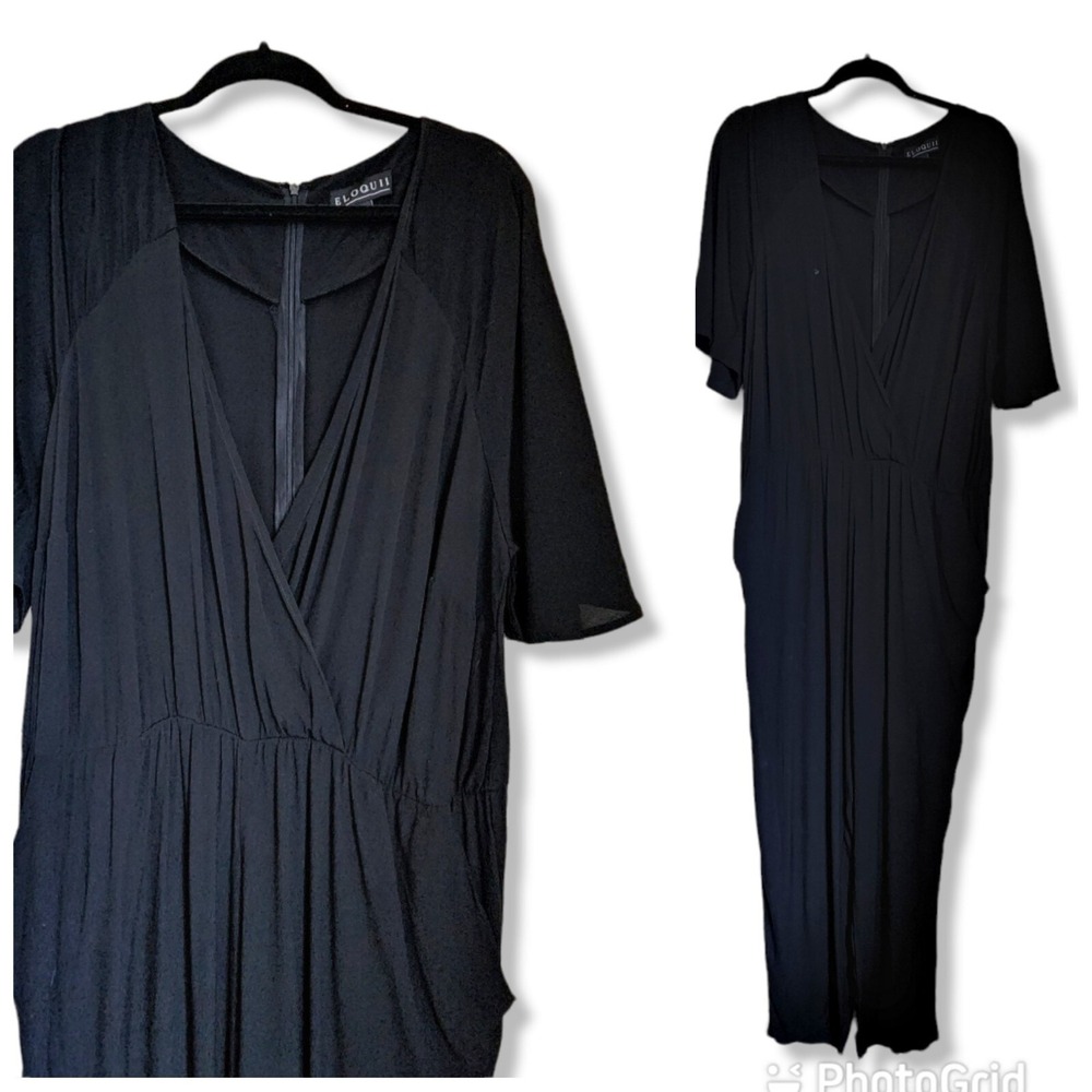 ELOQUII Black Jumpsuit Size 18 Short Sleeve Plunge Neck zipped Back